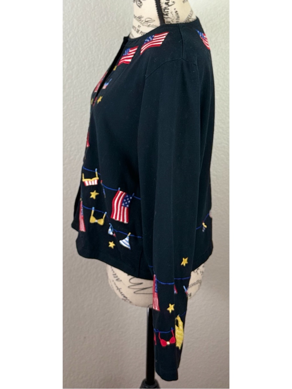 Michael Simon Americana 4th of July Patriotic Black Embroidered Cardigan Sweater - Picture 2 of 10